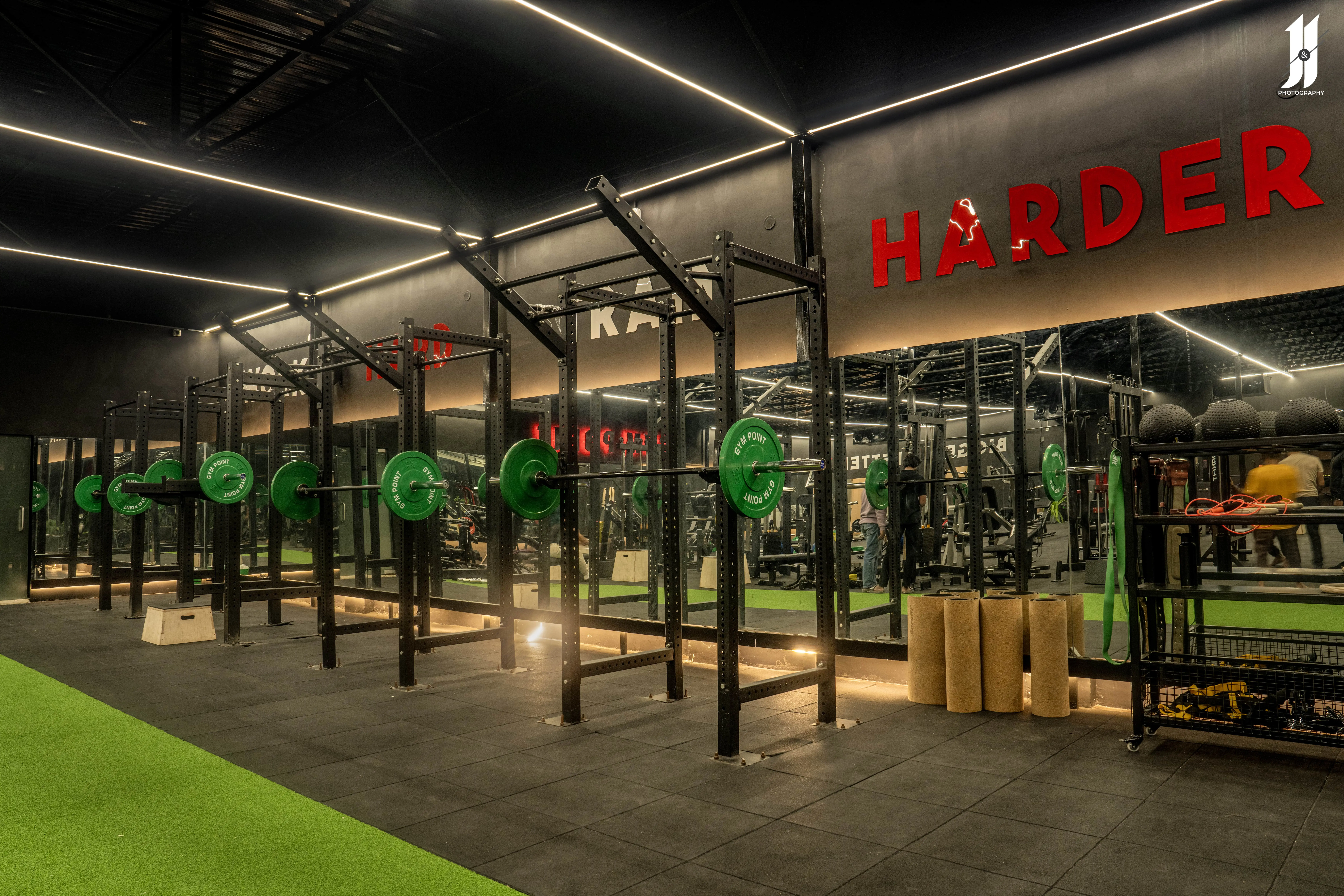 Gym with free weights and benches, strength training