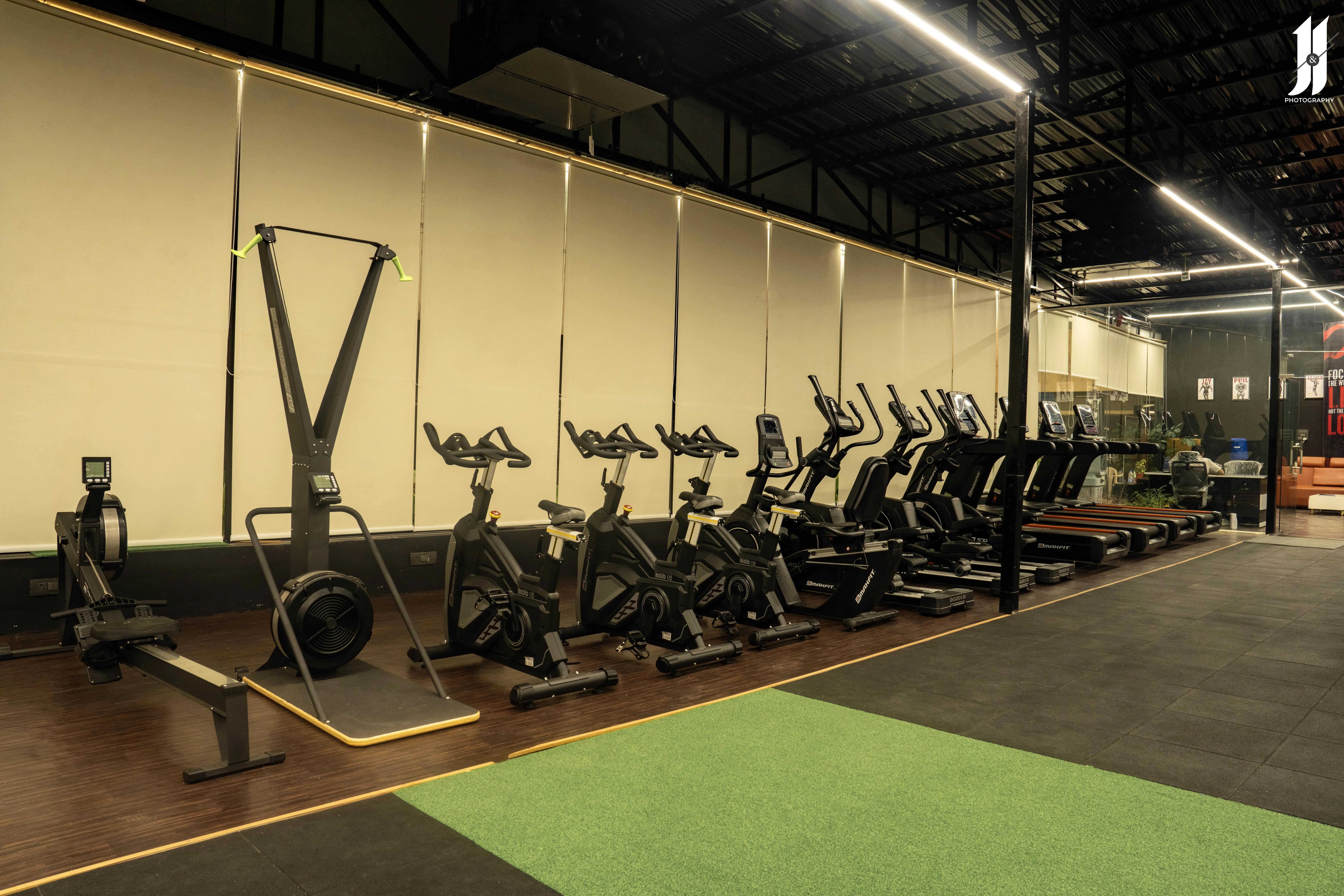 Gym with group training area, group fitness classes